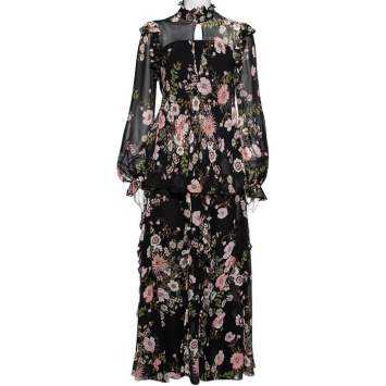 Pre Owned Giambattista Valli Black Floral Printed Silk Ruffle Trimmed Skirt & Blouse Set S