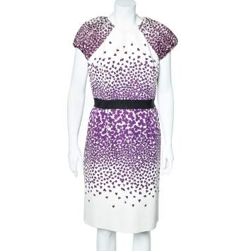 Pre Owned Giambattista Valli White & Purple Printed Cotton & Silk Sheath Dress XL