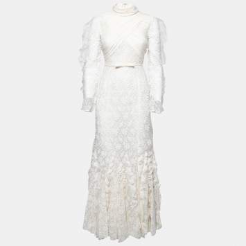 Pre Owned Giambattista Valli White Floral Guipure Lace Ruffle Trimmed Gown S
