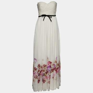 Pre Owned Giambattista Valli White Floral Printed Silk Strapless Gown M