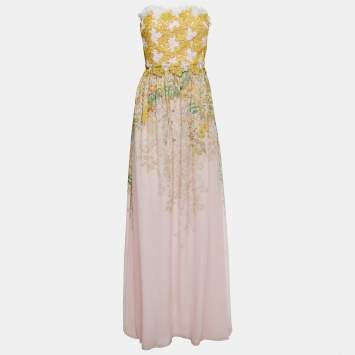 Pre Owned Giambattista Valli Pink Floral Printed Silk Lace Detail Strapless Maxi Dress S