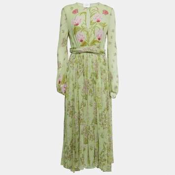 Pre Owned Giambattista Valli Light Green Floral Print Silk Long Sleeve Draped Gown M