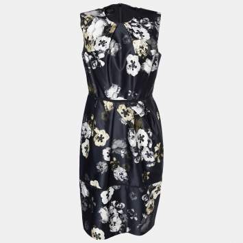 Pre Owned Giambattista Valli Black Floral Printed Satin Sleeveless Midi Dress L