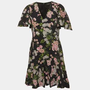 Pre Owned Giambattista Valli Black Floral Print Crepe V-Neck Flared Mini Dress L
