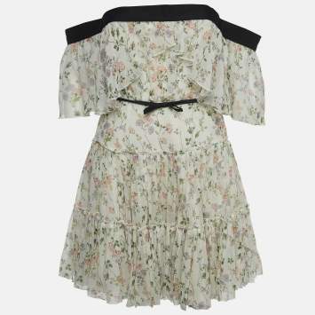 Pre Owned Giambattista Valli White Floral Print Silk Ruffled Mini Off-Shoulder Dress S