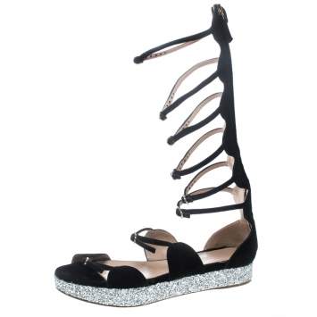 Pre Owned Giambattista Valli Black Suede Glitter Platform Flat Gladiator Sandals Size 38.5