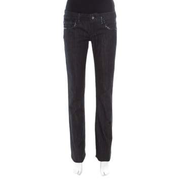 Pre Owned GF Ferre Black Dark Wash Crystal Owl Embellished Detail Straight Fit Jeans M