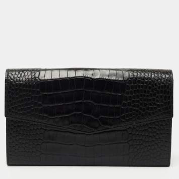 Pre Owned Gianfranco Ferre Black Croc Embossed Leather Envelope Flap Travel Organizer