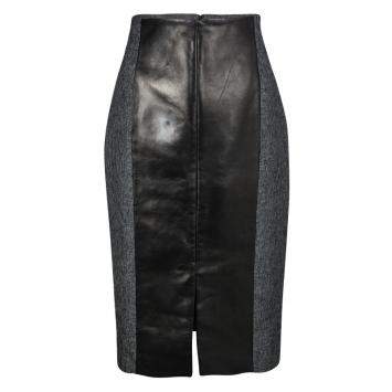 Pre Owned Gianfranco Ferre Grey Wool Contrast Leather Panel Detail Pencil Skirt M