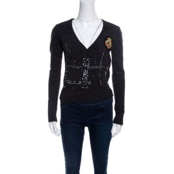 Pre Owned GF Ferre Grey Fuzzy Ribbed Trim V-Neck Embellished Sweater S