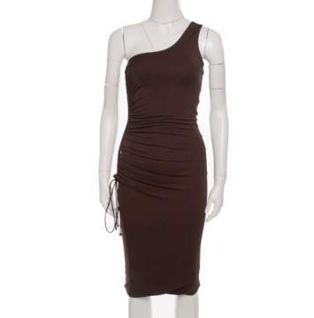 Pre Owned Gianfranco Ferre Brown Ruched Tie Detail One Shoulder Dress S