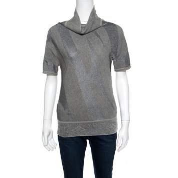 Pre Owned Gianfranco Ferre Metallic Patterned Jacquard Knit Short Sleeve Top M