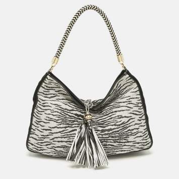 Gianfranco Ferre Black/White Zebra Effect Straw Tassel Hobo