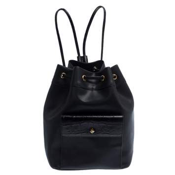 Pre Owned Gianfranco Ferre Black PVC and Crocodile Embossed Leather Pocket Drawstring Sling Bag