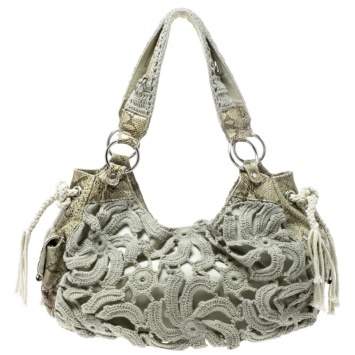 Pre Owned Gianfranco Ferre Olive Green/Cream Crochet and Python Embossed Leather Tote
