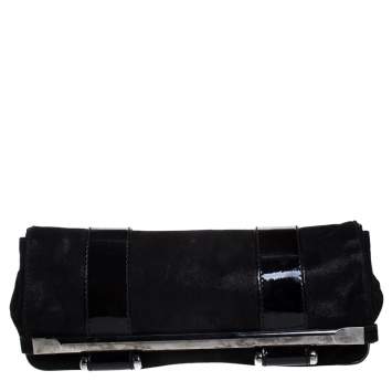 Pre Owned Gianfranco Ferre Black Fabric and Patent Leather Flap Clutch