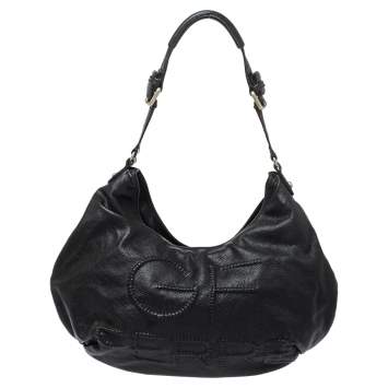 Pre Owned Gianfranco Ferre Black Leather Embossed Logo Hobo