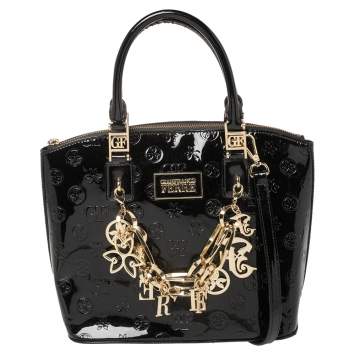 Pre Owned Gianfranco Ferre Black Signature Embossed Patent Leather Satchel 