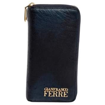 Pre Owned Gianfranco Ferre Navy Blue Ostrich Embossed Leather Zip Around Wallet
