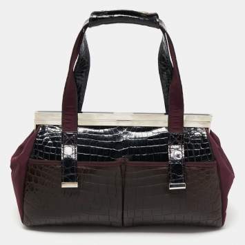 Pre Owned Gianfranco Ferre Burgundy/Navy Blue Alligator and Canvas Metal Frame Satchel