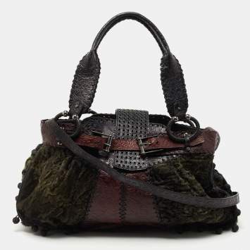 Pre Owned Gianfranco Ferre Multicolor Embossed Leather and Astrakhan Fur Tote