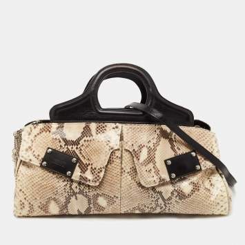 Pre Owned Gianfranco Ferre Beige/Black Watersnake and Leather Charm Satchel