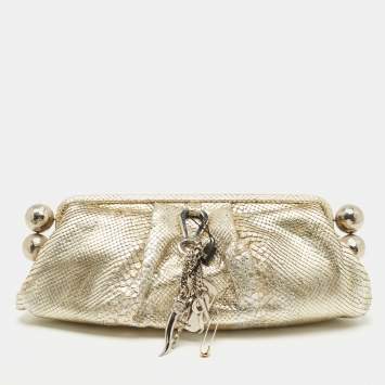 Pre Owned Gianfranco Ferre Gold Python Embossed Leather Charm Frame Clutch