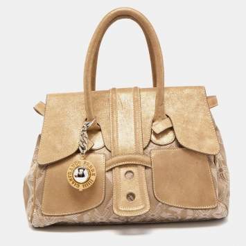 Pre Owned Gianfranco Ferre Gold/Beige Printed Canvas and Suede Flap Satchel