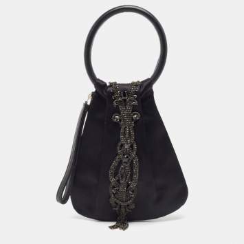 Pre Owned Gianfranco Ferre Black Pleated Satin Crystals Bangle Clutch