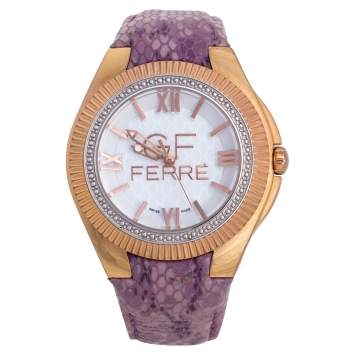 مملوكة مسبقًا GF Ferre White Rose Gold Plated Stainless Steel Leather 9079J Women's Wristwatch 45 mm