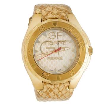 Pre Owned GF Ferre Mother of Pearl Gold Plated Stainless Steel Leather 9062J Women's Wristwatch 43 mm