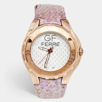 Pre Owned GF Ferre Mother of Pearl Gold Plated Stainless Steel Leather 9062J Women's Wristwatch 43 mm