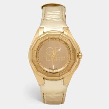 Pre Owned GF Ferre Champagne Gold Plated Stainless Steel Leather 9074J Women's Wristwatch 44 mm
