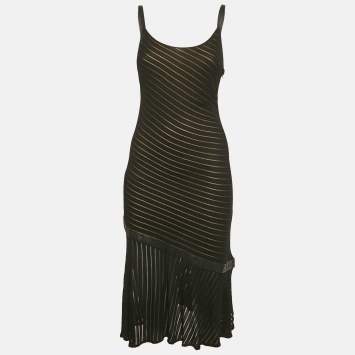 Pre Owned Gianni Versace Couture Black Pattered Knit Leather Trim Short Dress M 