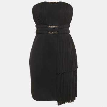 Pre Owned Gianni Versace Black Plisse Stud Detail Strapless Mini Dress M 