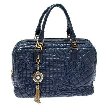 Pre Owned Versace Blue Leather Demetra Vanitas Top Handle Bag