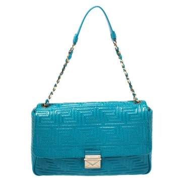 Pre Owned Versace Blue Patent Leather Large Flap Shoulder Bag
