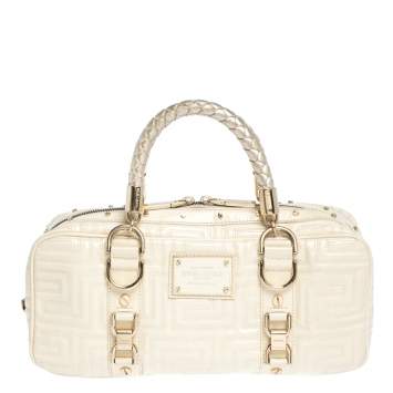 Pre Owned Gianni Versace Light Cream Quilted Patent Leather Bowler Bag