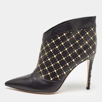 Pre Owned Gianvito Rossi Black Leather Studded Ankle Booties Size 40
