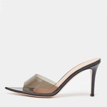Pre Owned Gianvito Rossi Transparent/Black PVC and Patent Elle Slide Sandals Size 38.5