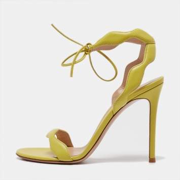 Pre Owned Gianvito Rossi Green Leather Wavy Ankle Tie Sandals Size 38