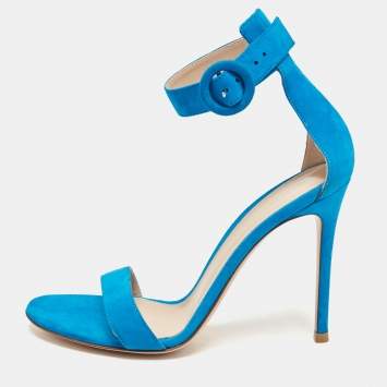 Pre Owned Gianvito Rossi Blue Suede Portofino Ankle Strap Sandals Size 38