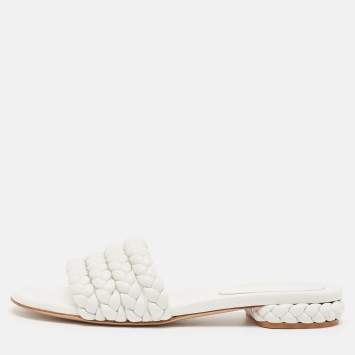 Pre Owned Gianvito Rossi White Braided Leather Slide Flats Size 38.5