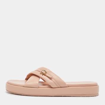Pre Owned Gianvito Rossi Pink Leather alima Criss Cross Flat Slides Size 40.5