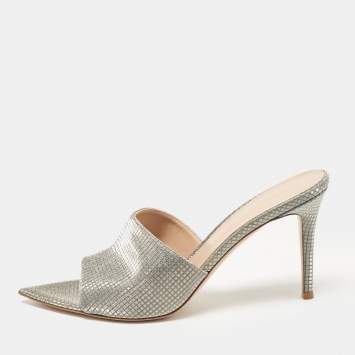 Pre Owned Gianvito Rossi Metallic Grey Textured Fabric Alise Sandals Size 42