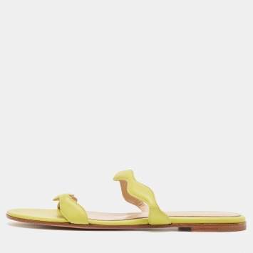 Pre Owned Gianvito Rossi Green Leather Wavy Flat Slides Size 38