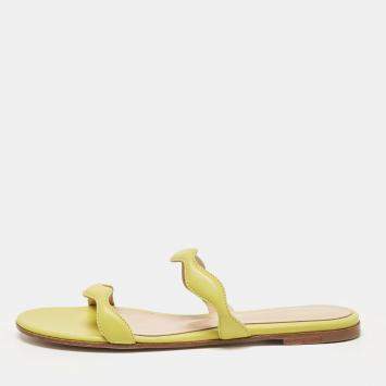 Pre Owned Gianvito Rossi Green Leather Wavy Flat Slides Size 37