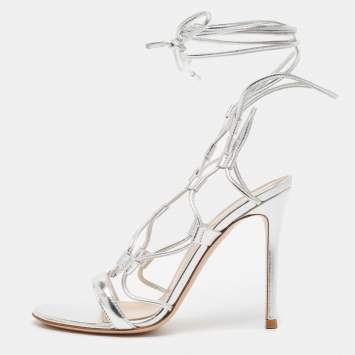 Pre Owned Gianvito Rossi Silver Leather Giza Ankle Wrap Sandals Size 37