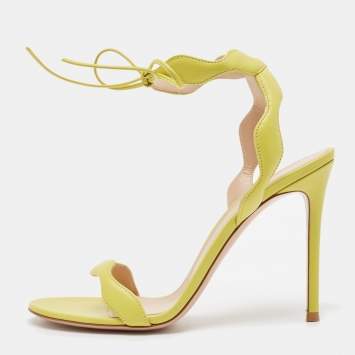 Pre Owned Gianvito Rossi Green Leather Wavy Ankle Tie Sandals Size 39.5