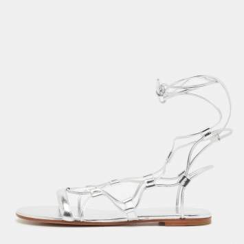 Pre Owned Gianvito Rossi Silver Leather Giza Flat Sandals Size 37